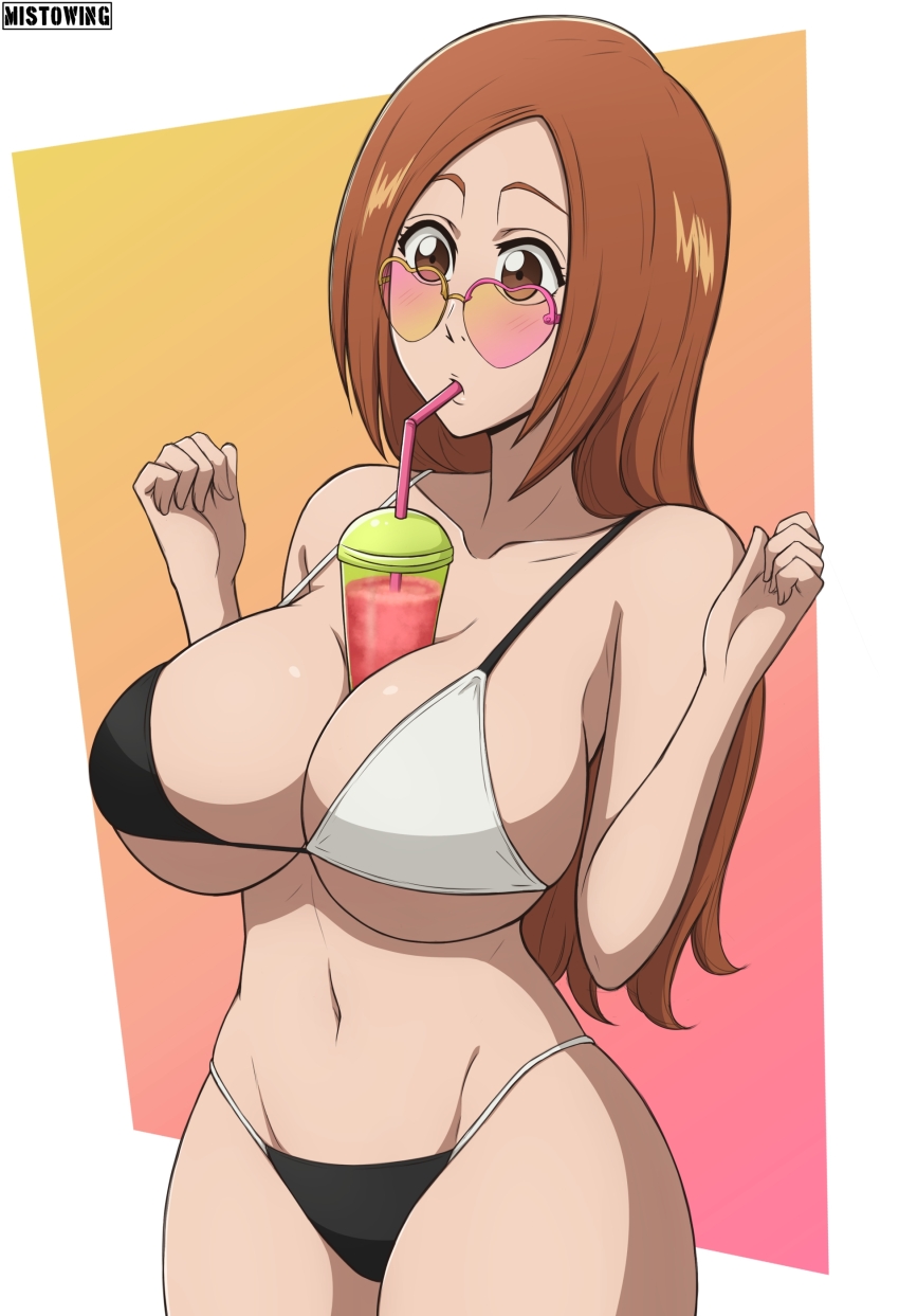 1girl absurdres bikini black_bikini bleach breasts brown_hair drinking female_focus heart-shaped_glasses highres huge_breasts inoue_orihime large_breasts legs_together long_hair mistowing multicolored_bikini shiny_skin sideboob solo straw sunglasses swimsuit thighs thong_bikini two-tone_bikini wide_hips