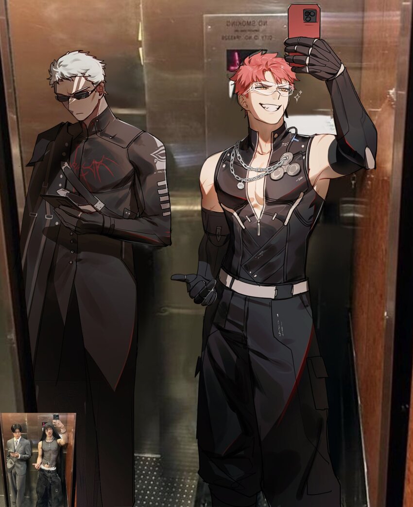 2boys alternate_costume black_pants black_shirt character_request dark-skinned_male dark_skin elevator glasses grey_hair grin highres jsuwbsg mechanical_arms multiple_boys noctis_(pgr) pants photo-referenced photo_background punishing:_gray_raven red_hair selfie shirt short_hair side_cape sleeveless sleeveless_shirt smile sunglasses yellow_eyes
