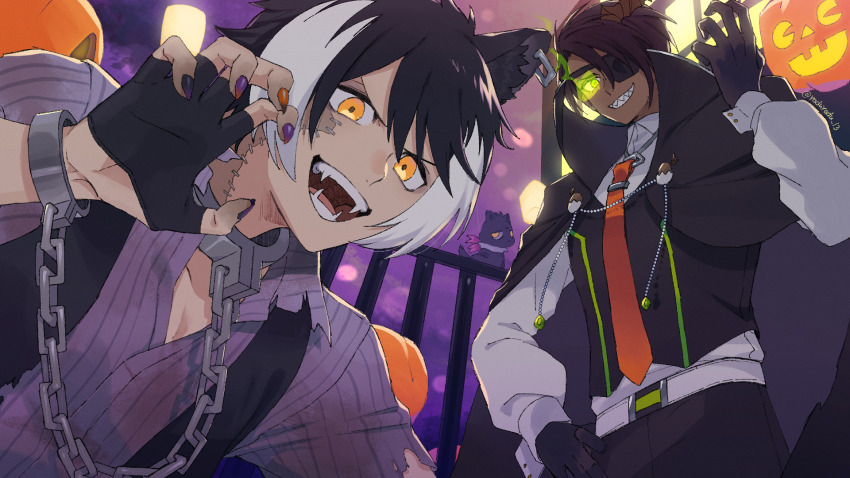 2boys animal_ears aragami_oga belt black_cape black_gloves black_hair black_nails black_vest brown_horns cape chain collared_shirt commentary_request cuffs dark-skinned_male dark_skin eyepatch fangs flaming_eye gloves grey_shirt hair_between_eyes half_gloves halloween halloween_costume hand_on_own_hip high_collar highres holostars horns jackal_boy jackal_ears kageyama_shien male_focus multicolored_hair multicolored_nails multiple_boys neck_collar necktie nekoyama_shien open_mouth orange_nails orange_necktie pumpkin purple_nails railing rozu_ki shackles sharp_teeth shirt shirt_tucked_in single_horn smile stitched_face stitched_neck stitches streaked_hair teeth torn_clothes torn_shirt twitter_username two-tone_hair vest virtual_youtuber white_belt white_hair white_shirt yellow_eyes