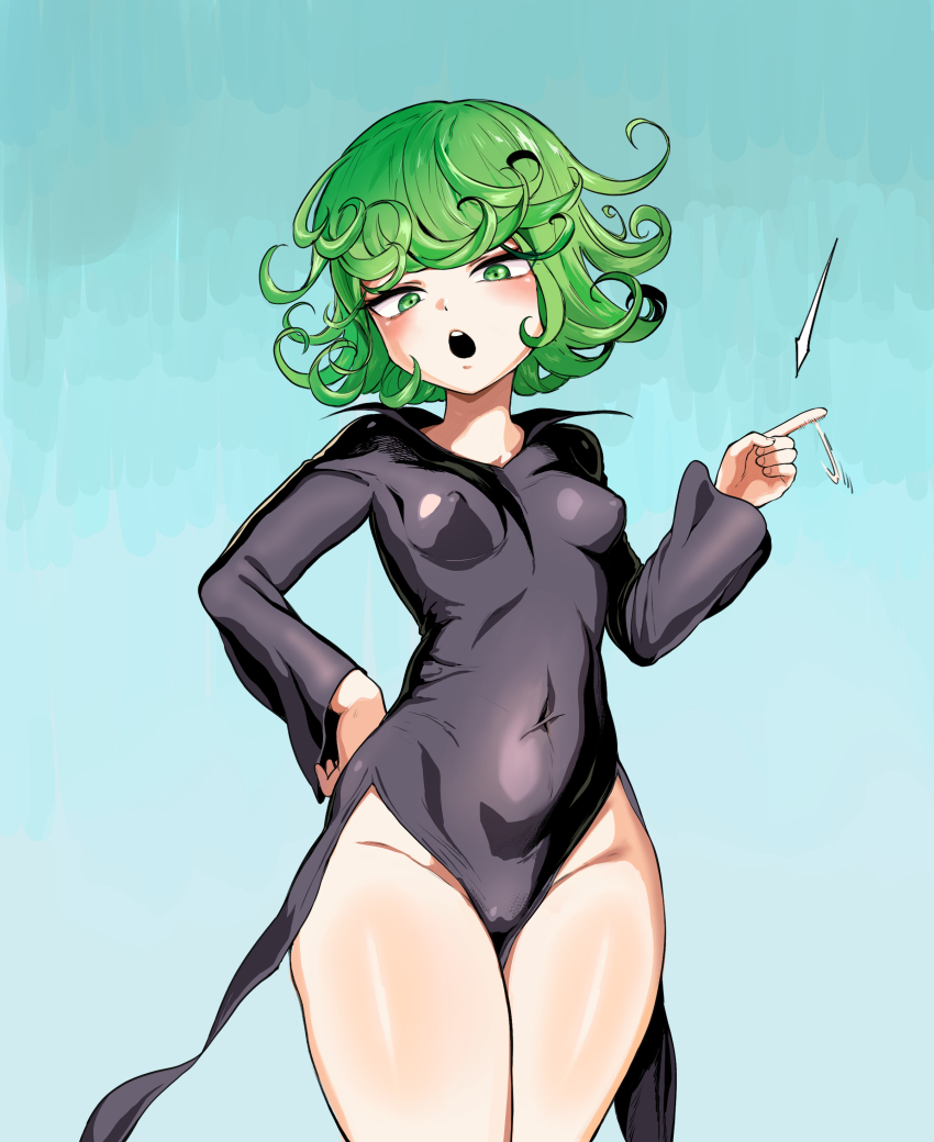 1girl :o annoyed bare_hips bare_legs black_dress blue_background breasts collarbone covered_erect_nipples covered_navel curly_hair dot_nose dress eyebrows eyelashes feet_out_of_frame female_focus fingernails green_eyes green_hair hand_on_own_hip hand_up index_finger_raised legs_together long_sleeves looking_at_viewer matching_hair/eyes medium_hair one-punch_man open_mouth pelvic_curtain petite simple_background small_breasts smug solo standing tatsumaki teeth upper_teeth_only wide_hips yoma_(mayo)