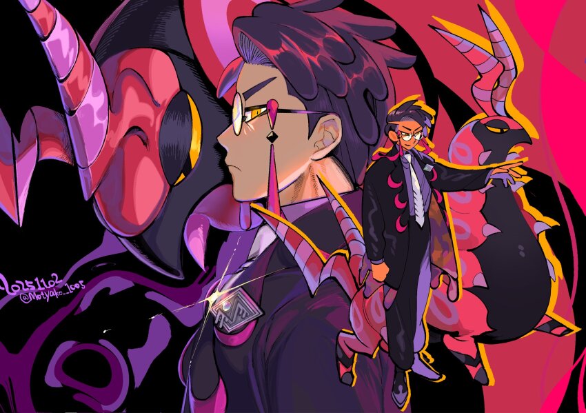 1boy black-framed_eyewear corbeau_(pokemon) eyewear_strap gen_5_pokemon glasses highres male_focus mochako_(motyako_1005) necktie nintendo parted_hair pokemon pokemon_(creature) pokemon_legends:_z-a purple_shirt round_eyewear scolipede shirt short_sideburns undercut white_necktie