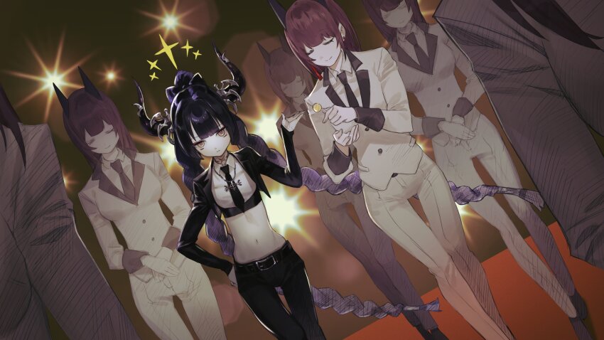 6+girls absurdres belt black_hair expressionless highres horns midriff multiple_girls navel p_(pm_611a) pants tagme