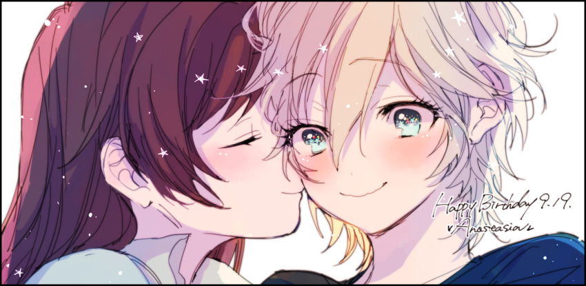 2girls amane_(7783) anastasia_(idolmaster) blue_eyes blue_shirt blush brown_hair character_request closed_eyes closed_mouth commentary_request dated happy_birthday idolmaster idolmaster_cinderella_girls kiss kissing_cheek long_hair multiple_girls nitta_minami shirt simple_background smile white_background yuri