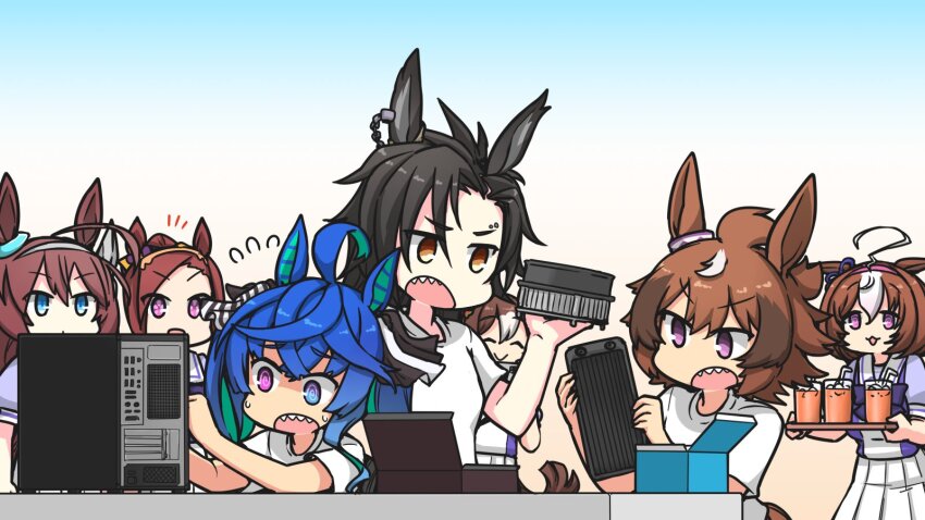 6+girls :&gt; :3 @_@ ahoge air_shakur_(umamusume) alternate_costume animal_ears black_hair blue_eyes brown_hair closed_eyes closed_mouth computer computer_fan cup desktop_(computing) drinking_glass drinking_straw ear_ornament fine_motion_(umamusume) flower-shaped_pupils gradient_background hair_between_eyes hamu_koutarou heterochromia highres holding holding_tray horse_ears horse_girl long_hair meisho_doto_(umamusume) mihono_bourbon_(umamusume) multicolored_hair multiple_girls open_mouth purple_eyes radiator sakura_bakushin_o_(umamusume) school_uniform sharp_teeth shinko_windy_(umamusume) shirt short_hair streaked_hair symbol-shaped_pupils teeth tracen_school_uniform tray twin_turbo_(umamusume) umamusume white_hair white_shirt yellow_eyes