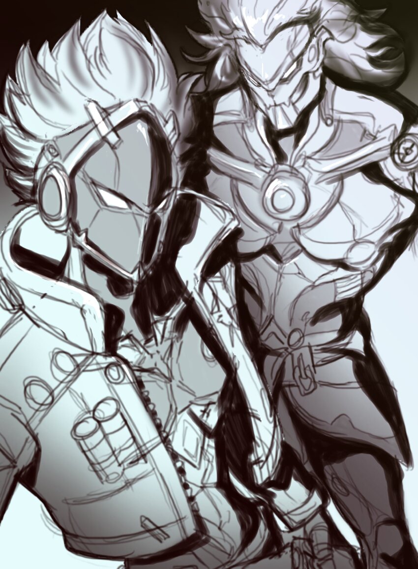 2boys artist_request banyue_(zenless_zone_zero) billy_kid commentary english_commentary facing_viewer greyscale highres monochrome multiple_boys robot_boy sketch third-party_source zenless_zone_zero