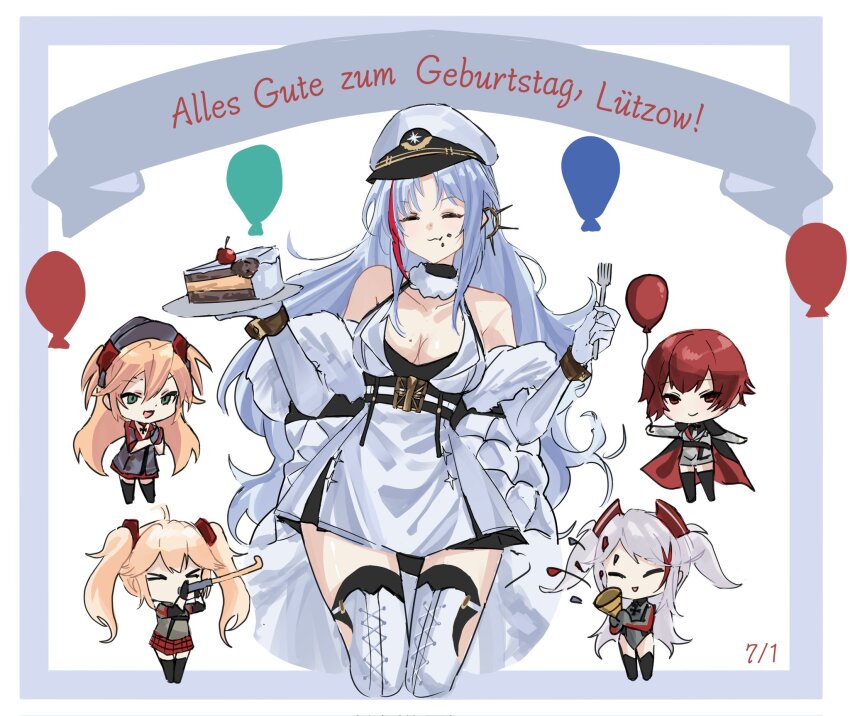 5girls :3 admiral_hipper_(azur_lane) azur_lane balloon birthday_cake blonde_hair bluecher_(azur_lane) boots breasts cake chibi closed_eyes coat collarbone cowboy_shot dated dress earrings eating food food_on_face fork german_text green_eyes grey_dress happy_birthday hat highres holding holding_balloon holding_fork jewelry long_hair mole mole_on_breast multiple_girls party_horn party_popper peaked_cap prinz_eugen_(azur_lane) red_hair short_hair single_earring smile tallinn_(azur_lane) thigh_boots twintails very_long_hair weser_(azur_lane) white_coat white_dress white_footwear white_hair wrist_cuffs yazu_(zoddiacz)