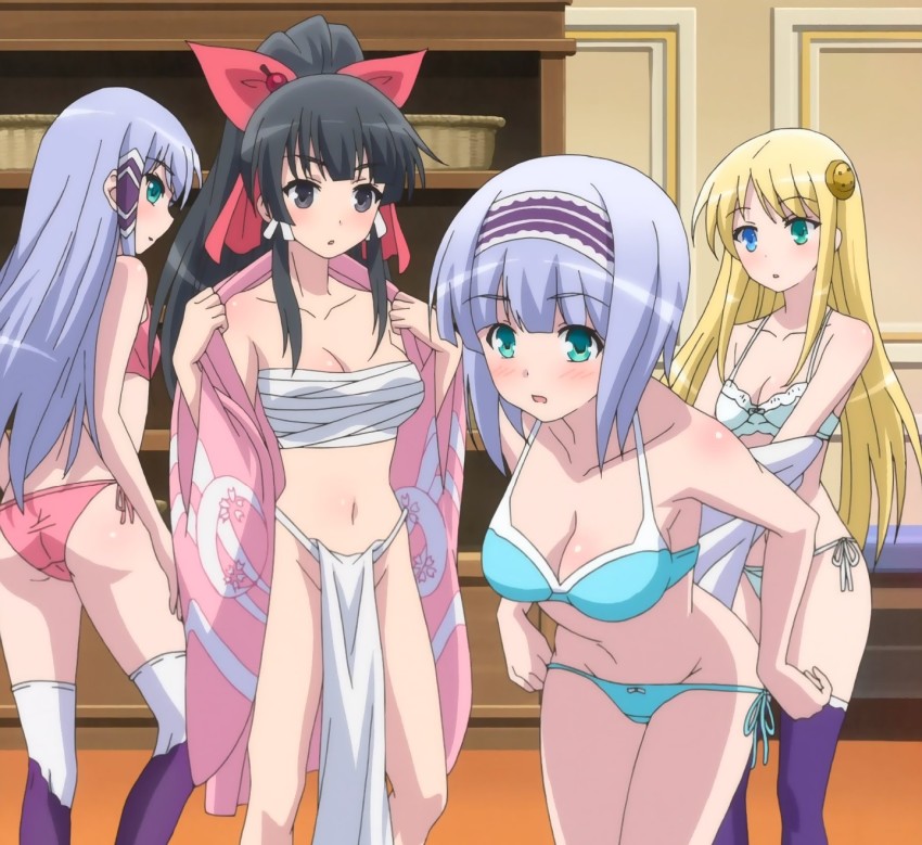 4girls anime_screenshot ass black_eyes blonde_hair blue_bra blue_eyes blue_panties blush bow bra breasts cleavage collarbone cowboy_shot else_shileska fundoshi green_eyes hair_bow hair_ornament hairband heterochromia highres indoors isekai_wa_smartphone_to_tomo_ni. japanese_clothes kneepits kokonoe_yae large_breasts linse_shileska long_hair looking_at_viewer looking_back medium_breasts multiple_girls navel panties pink_bra pink_panties purple_legwear red_bow sarashi short_hair side-tie_panties small_breasts stitched thighhighs third-party_edit underwear undressing wide_sleeves yumina_elnea_belfast