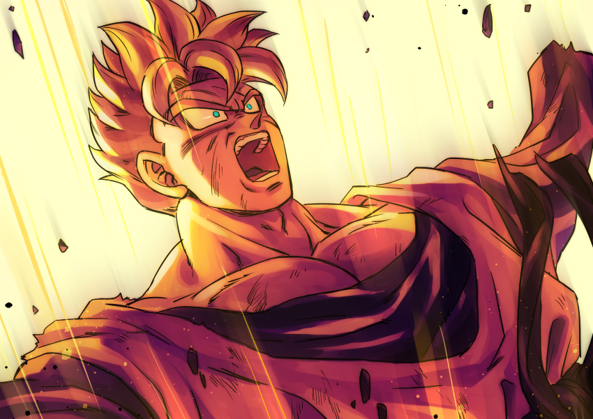 1boy absurdres aqua_eyes blonde_hair boriroba collarbone commentary_request dirty dirty_clothes dirty_face dougi dragon_ball dragonball_z floating_clothes floating_hair highres imminent_death looking_up male_focus missing_limb muscular muscular_male open_mouth orange_dougi scar scar_across_eye scar_on_face short_hair solo son_gohan son_gohan_(future) spiked_hair super_saiyan toriyama_akira_(style) upper_body wide-eyed yellow_background