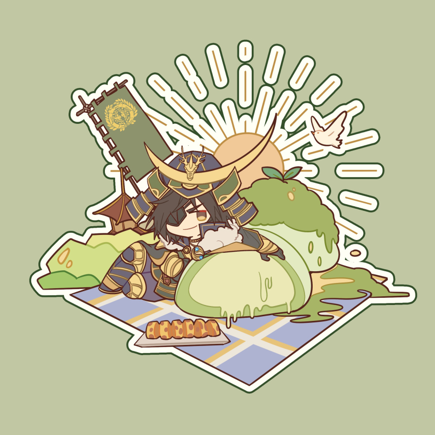 1boy armor bird brown_eyes brown_hair chibi chibi_only date_masamune_(sengoku_musou) eyepatch food green_background helmet highres hoshi_take33 japanese_armor kabuto_(helmet) looking_at_viewer male_focus mochi oversized_food oversized_object sengoku_musou short_hair simple_background smirk solo v-shaped_eyebrows