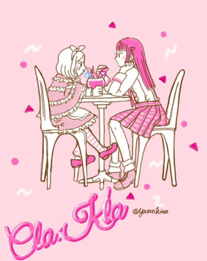 2girls bow_hairband capelet chair classicaloid drinking drinking_straw frilled_capelet frilled_skirt frills hairband highres long_hair monochrome multiple_girls pantyhose pink_theme plaid_clothes plaid_skirt pyotr_illyich_tchaikovsky_(classicaloid) shoes short_hair sitting skirt striped_clothes striped_pantyhose tekla_badarzewska-baranowska_(classicaloid) v yatta_kita