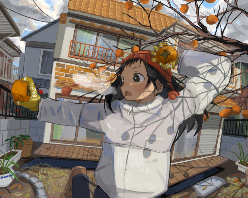1girl amamoto_air beanie black_eyes black_hair commentary gloves hat highres holding_orange leaf long_hair orange_tree original plant potted_plant solo tree visible_air yellow_gloves