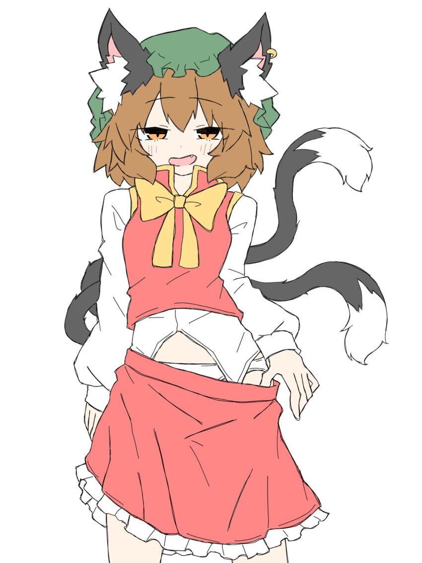 1girl animal_ear_fluff animal_ear_piercing animal_ears arms_at_sides blush bow bowtie breasts brown_eyes brown_hair cat_ears cat_tail chen clothes_pull commentary_request cowboy_shot double-parted_bangs earrings fang flat_color frills fumomono half-closed_eyes hat highres jewelry long_sleeves looking_at_viewer medium_breasts messy_hair mob_cap multiple_tails naughty_face nekomata open_mouth panties petticoat puffy_long_sleeves puffy_sleeves red_skirt red_vest short_hair simple_background single_earring skirt skirt_pull skirt_set slit_pupils smile solo tail touhou two_tails underwear vest white_background white_panties yellow_bow yellow_bowtie
