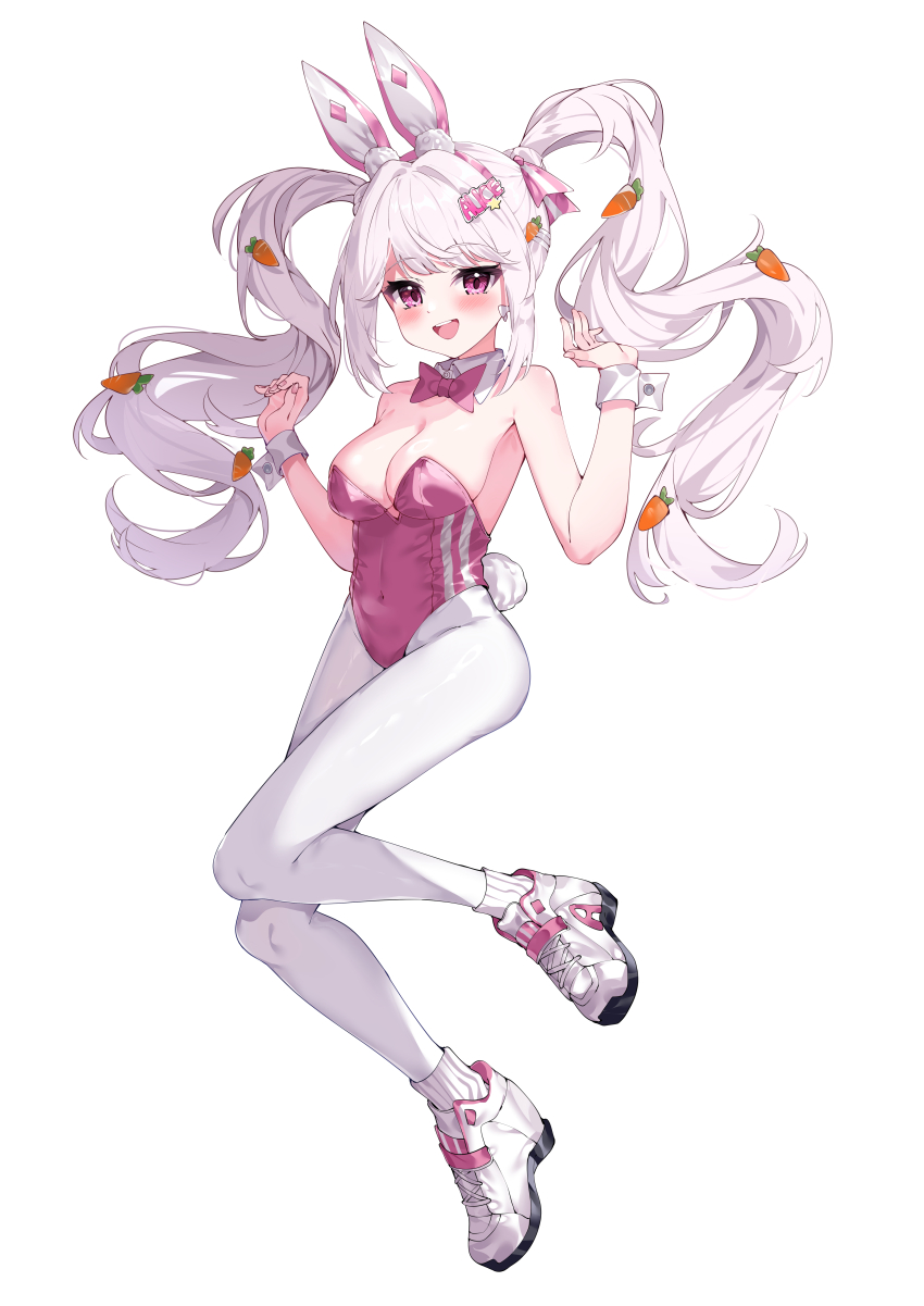 1girl absurdres alice_(nikke) alice_(wonderland_bunny)_(nikke) animal_ears bare_shoulders blush bow bowtie breasts carrot_hair_ornament chinese_commentary cleavage commentary_request fake_animal_ears fake_tail food-themed_hair_ornament full_body goddess_of_victory:_nikke hair_ornament highres hua-huahua large_breasts leotard long_hair official_alternate_costume open_mouth pantyhose pink_bow pink_bowtie pink_hair pink_leotard playboy_bunny purple_eyes rabbit_ears rabbit_tail simple_background smile solo tail teeth twintails white_background white_footwear white_pantyhose wrist_cuffs