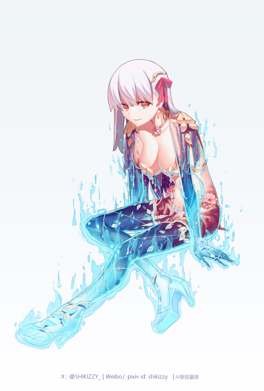 1girl absurdres armlet armor bikini_armor blue_skin body_markings breasts cleavage collar colored_inner_hair colored_skin earrings fate/grand_order fate_(series) flower glowing_legs gold_lotus gold_petals gold_thong gradient_skin hair_ribbon highres jewelry kama_(fate) kama_(third_ascension)_(fate) large_breasts long_hair looking_at_viewer lotus lotus_earrings metal_bracelet metal_collar multicolored_hair red_eyes ribbon shiki_zzy smile solo starry_hair thighlet type-moon white_hair