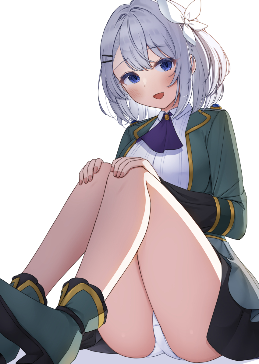 1girl absurdres ascot black_skirt blue_eyes boots breasts collared_shirt green_boots green_jacket hair_ornament hair_ribbon hairclip hand_on_own_knee highres hikikomari_kyuuketsuki_no_monmon jacket knees_up large_breasts looking_at_viewer medium_hair open_clothes open_jacket open_mouth panties pantyshot purple_ascot ribbon sakuna_memoire shirt simple_background sitting skirt striped_clothes striped_shirt thighs underwear user_tyad4272 vertical-striped_clothes vertical-striped_shirt white_background white_hair white_panties white_ribbon white_shirt