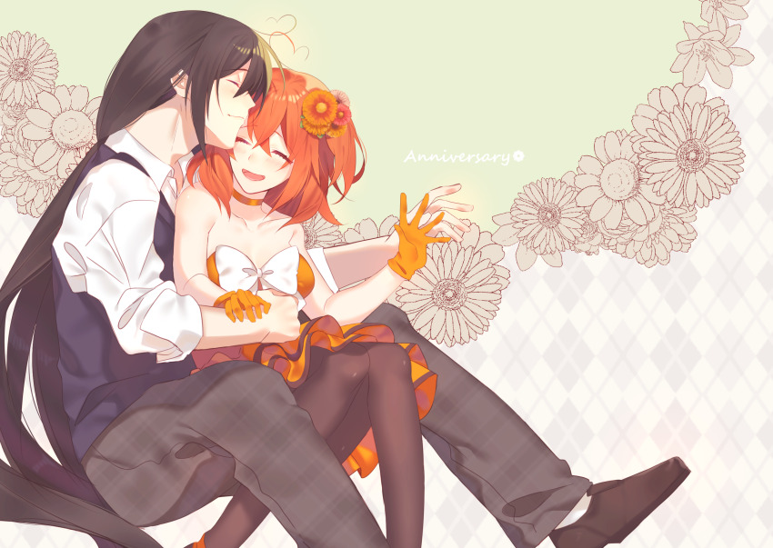 1boy 1girl :d ai_(blacktea_milk) black_footwear black_hair black_pants bow breasts choker cleavage closed_eyes collarbone collared_shirt couple dress fate/grand_order fate_(series) flower fujimaru_ritsuka_(female) fujimaru_ritsuka_(female)_(starlight_fest) gloves green_background hair_flower hair_ornament highres invisible_chair layered_dress long_hair medium_breasts official_alternate_costume open_mouth orange_dress orange_flower orange_gloves orange_hair pants plaid_clothes plaid_pants ponytail red_flower shirt short_dress short_hair side_ponytail sitting sleeveless sleeveless_dress smile strapless strapless_dress very_long_hair white_bow white_shirt wing_collar yan_qing_(fate)