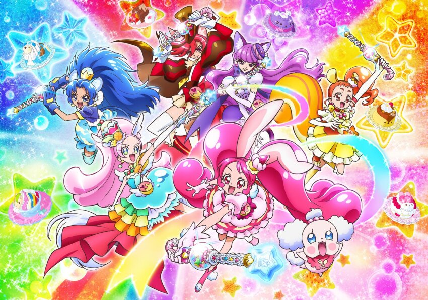 6+girls animal_ears arisugawa_himari arm_up artist_request bare_shoulders berry blue_gloves blue_hair character_request choker commentary_request cure_chocolat cure_custard cure_gelato cure_macaron cure_parfait cure_whip dress earrings elbow_gloves food food-themed_hair_ornament fruit gloves hair_ornament headband holding horse_ears jewelry kenjou_akira kirahoshi_ciel kirakira_precure_a_la_mode kiwi_(fruit) kotozume_yukari leaf lemon long_hair multicolored_eyes multiple_girls official_art open_mouth orange_(fruit) outstretched_arms parfait pearl_choker pearl_earrings pink_eyes pink_gloves pink_hair ponytail precure purple_hair rainbow second-party_source star_(symbol) strapless strapless_dress tail tategami_aoi usami_ichika white_gloves white_tail white_wings wings yellow_dress