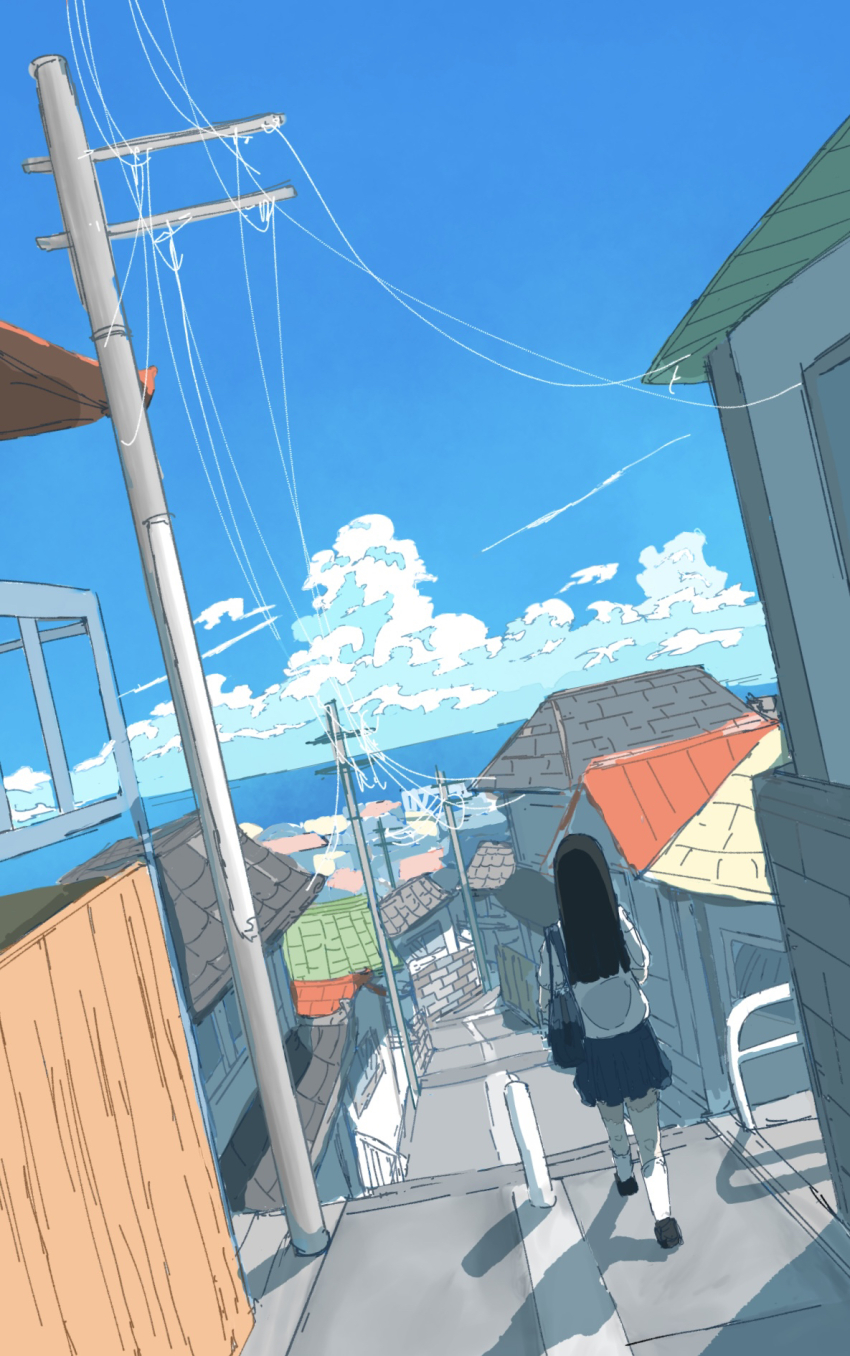 1girl bag black_hair black_shoes blue_skirt blue_sky building cloud dated_commentary day dutch_angle full_body highres hirose_(wzyt7535) horizon house long_hair ocean original outdoors path power_lines road scenery school_bag school_uniform shadow shirt shoes sketch skirt sky solo straight_hair summer summer_uniform thighhighs town utility_pole walking white_shirt white_thighhighs