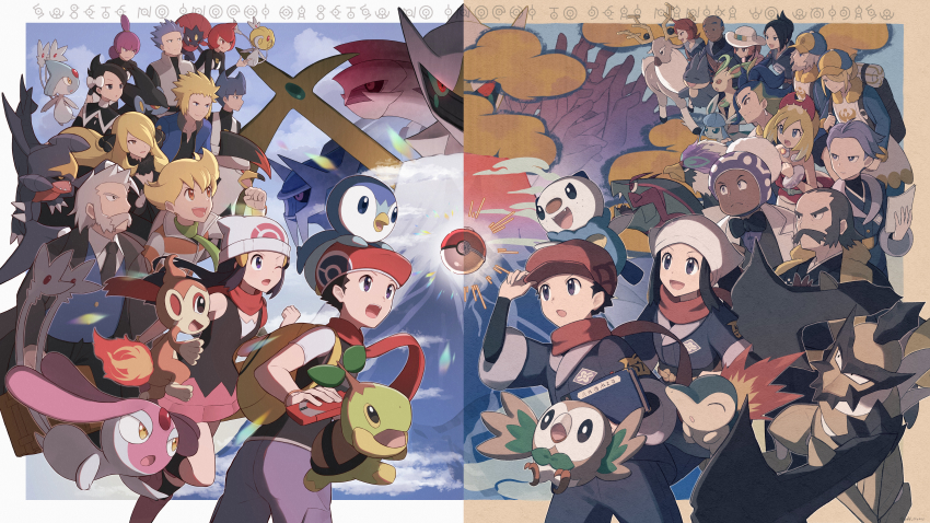 6+boys 6+girls :d :o absurdres adaman_(pokemon) akari_(pokemon) arceus arezu_(pokemon) azelf backpack bag barry_(pokemon) basculegion basculegion_(male) beanie black_hair black_pants black_shirt blonde_hair blue_vest briefcase buttons chimchar coat collared_shirt cyllene_(pokemon) cyndaquil cynthia_(pokemon) cyrus_(pokemon) dark_skin dawn_(pokemon) dialga everyone eyelashes facial_hair fire floating_hair garchomp gen_2_pokemon gen_4_pokemon gen_5_pokemon gen_7_pokemon ginter_(pokemon) glaceon green_scarf grey_eyes grey_hair grey_jacket grey_pants hair_ornament hairband hairclip hand_on_headwear hand_up hat headscarf highres hisuian_poke_ball holding irida_(pokemon) iscan_(pokemon) jacket jewelry jupiter_(pokemon) kamado_(pokemon) kleavor professor_laventon leafeon leg_up legendary_pokemon lian_(pokemon) lucas_(pokemon) mai_(pokemon) marley_(pokemon) mars_(pokemon) mesprit multiple_boys multiple_girls munchlax mustache mythical_pokemon neck_ring necktie nintendo odd_(hin_yari) open_mouth oshawott palkia pants pink_skirt piplup poke_ball poke_ball_(basic) pokemon pokemon_(creature) pokemon_dppt pokemon_legends:_arceus purple_eyes purple_pants red_hairband red_headwear red_scarf rei_(pokemon) professor_rowan rowlet saturn_(pokemon) scarf shirt short_hair short_sleeves sidelocks skirt sleeveless sleeveless_shirt smile staraptor starter_pokemon_trio strapless strapless_shirt teeth time_paradox tongue turtwig unown uxie vest volkner_(pokemon) volo_(pokemon) white_headscarf white_headwear white_shirt wyrdeer