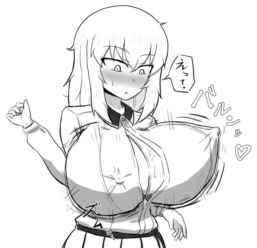 1girl blush bouncing_breasts breasts bursting_breasts cleavage covered_erect_nipples cube_(huidama) girls_und_panzer highres huge_breasts itsumi_erika monochrome solo