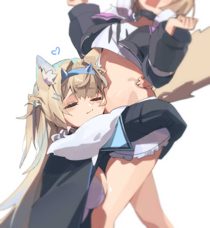 2girls :3 absurdres animal_ear_fluff animal_ears black_collar black_jacket blonde_hair blue_headband blue_streaks blush breasts clenched_hands closed_eyes collar cropped_jacket cropped_shirt d: dog_ears dog_girl dog_tail fuwawa_abyssgard hair_ornament hairclip head_on_another&#039;s_stomach head_out_of_frame headband headphones heart highres hololive hololive_english hug jacket large_breasts long_hair mococo_abyssgard multicolored_hair multiple_girls navel newbie_(newbie_132) open_mouth parted_bangs shirt short_shorts short_twintails shorts siblings sisters stomach streaked_hair surprised tail thighs twintails virtual_youtuber white_shirt white_shorts