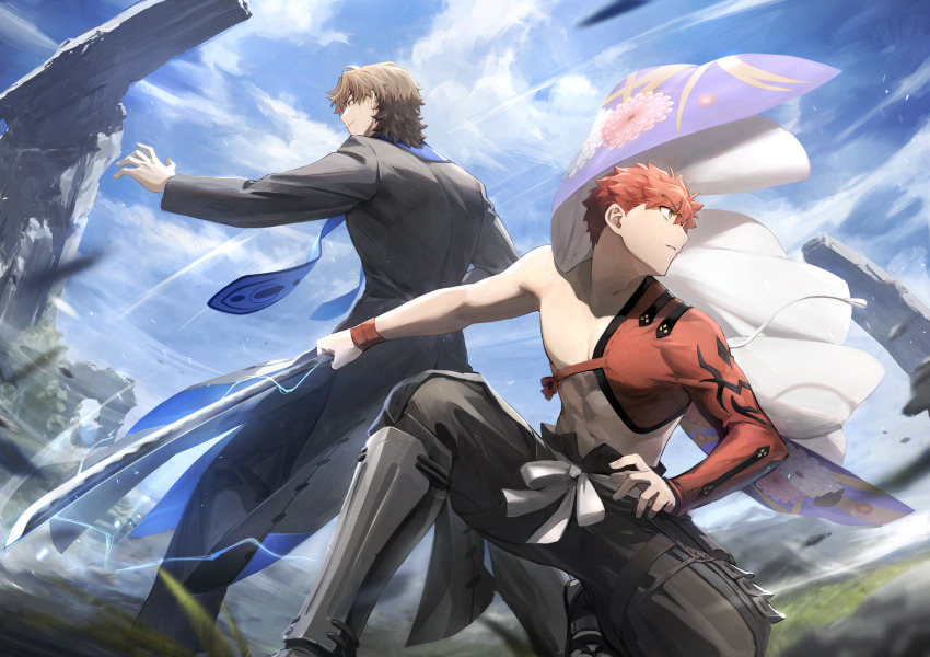 2boys abs absurdres black_robe brown_eyes brown_hair cape cassock emiya_shirou fate/grand_order fate_(series) highres holding holding_weapon igote japanese_clothes katana kotomine_kirei long_sleeves male_focus multiple_boys nagatekkou okonon_(kado_colda) orange_hair priest rasputin_(fate) red_hair robe senji_muramasa_(fate) short_hair single_bare_shoulder smile sword toned toned_male topless_male weapon white_cape wristband yellow_eyes