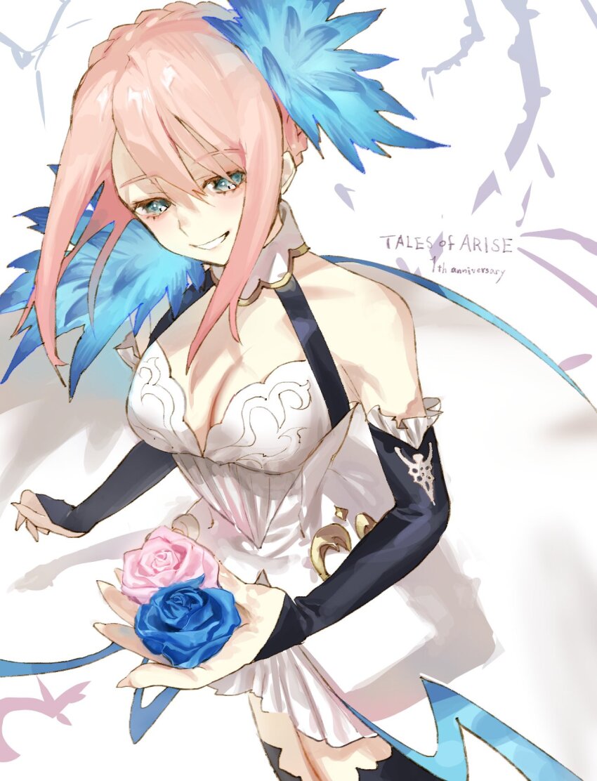 1girl anniversary bare_shoulders black_sleeves black_thighhighs blue_flower blue_rose braid breasts cleavage cowboy_shot crown_braid detached_sleeves dress flower from_above green_eyes hair_between_eyes hair_flower hair_ornament highres holding holding_flower meameeea medium_breasts parted_lips pink_flower pink_hair pink_rose rose shionne_(tales) short_dress sidelocks smile solo tales_of_(series) tales_of_arise thighhighs white_background white_dress