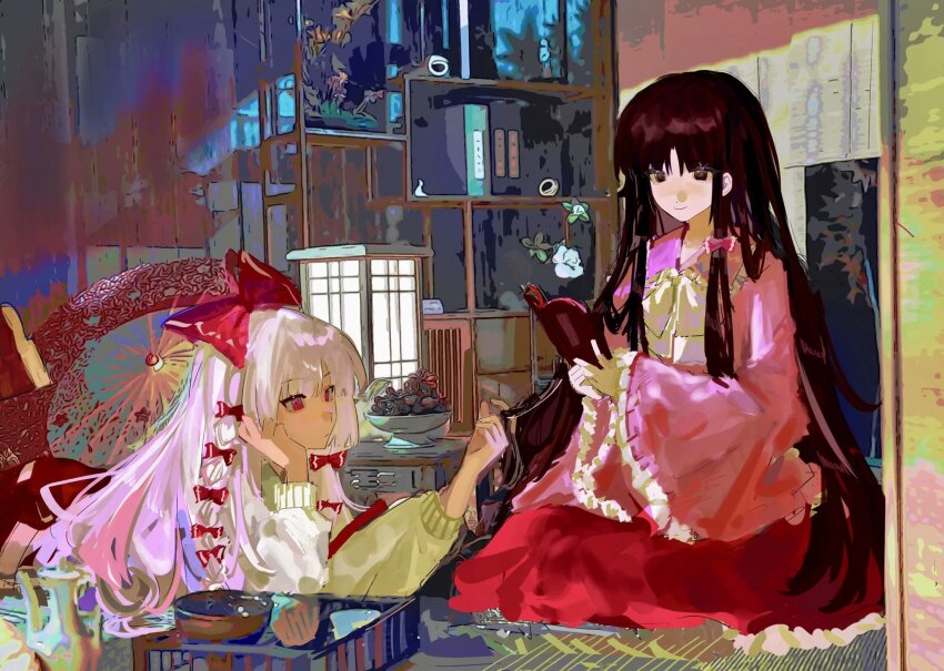 2girls black_eyes book bow bowl bowtie brown_hair closed_mouth collared_shirt fujiwara_no_mokou gradient_hair hair_between_eyes hair_bow hand_on_own_face hands_up hcrane_hrs highres holding holding_book houraisan_kaguya indoors lamp long_hair long_sleeves looking_at_another looking_at_object looking_down multicolored_hair multiple_girls ofuda ofuda_on_clothes open_book pants parted_bangs pink_hair pink_shirt puffy_long_sleeves puffy_sleeves reading red_bow red_eyes red_pants red_skirt shirt sidelocks sitting skirt smile suspenders sweater touhou very_long_hair white_bow white_bowtie white_hair white_sweater wide_sleeves