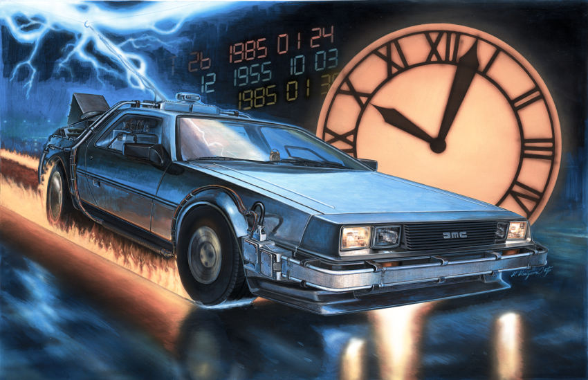 1955 1985 back_to_the_future box_art burning cable car clock commentary_request delorean fire koizumi_kazuaki_production lightning motor_vehicle no_humans radio_antenna reflection science_fiction signature sports_car time_machine unused_tire vehicle_focus wheel wire