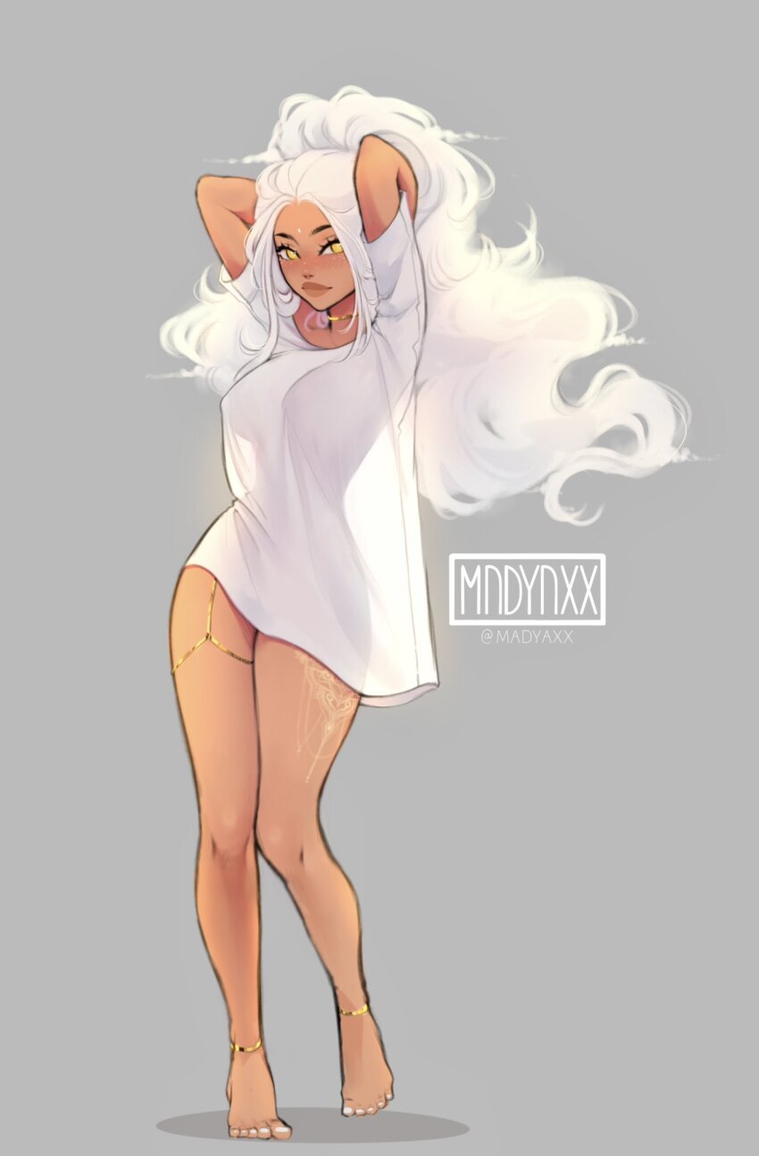 1girl anklet arms_behind_head artist_name backlighting big_hair bindi breasts brown_lips choker cloudbae_(madyaxx) commentary curvy english_commentary full_body gold_anklet gold_choker gold_thighlet grey_background hands_in_hair high_ponytail highres jewelry leg_tattoo legs_together long_hair looking_at_viewer madyaxx medium_breasts mismatched_eyebrows naked_shirt narrow_waist no_bra no_horns no_panties original ponytail see-through_clothes see-through_shirt shirt solo standing tattoo thick_lips thighlet toenails toes twitter_username very_long_hair white_hair white_nails yellow_eyes