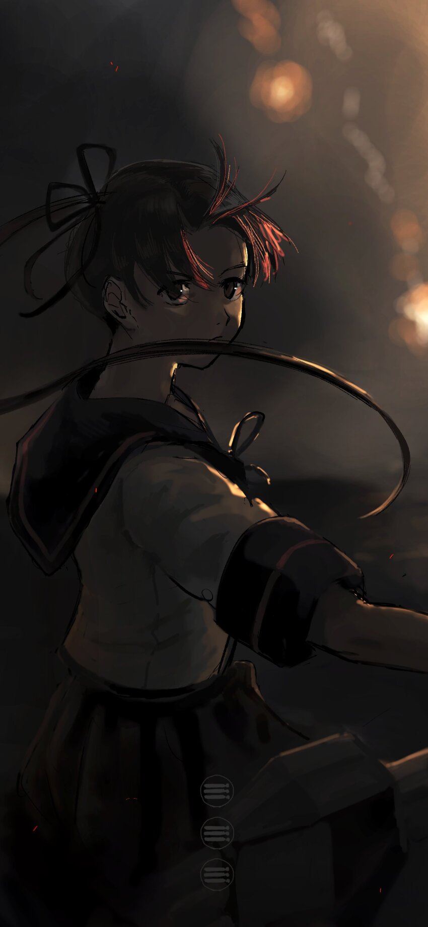 1girl absurdres ayanami_(kancolle) ayanami_kai_ni_(kancolle) black_ribbon black_sailor_collar brown_eyes brown_hair commentary_request dark hair_ribbon highres kantai_collection long_hair night outdoors pleated_skirt ponytail ribbon rigging sailor_collar school_uniform serafuku short_sleeves side_ponytail skirt solo star_shell torpedo very_long_hair zippo_teifujou