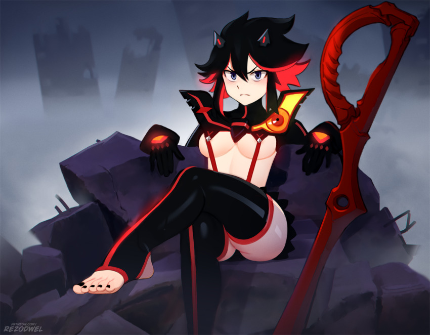 1girl black_gloves black_hair black_nails black_thighhighs blue_eyes blush breasts closed_mouth feet foot_out_of_frame gloves grey_background hair_between_eyes kill_la_kill large_breasts legs looking_at_viewer matoi_ryuuko multicolored_hair nail_polish no_shoes outdoors red_hair revealing_clothes rezodwel ruins scissor_blade_(kill_la_kill) senketsu short_hair sitting solo stirrup_legwear streaked_hair suspenders thighhighs thighs toeless_legwear toenail_polish toenails toes two-tone_hair underboob