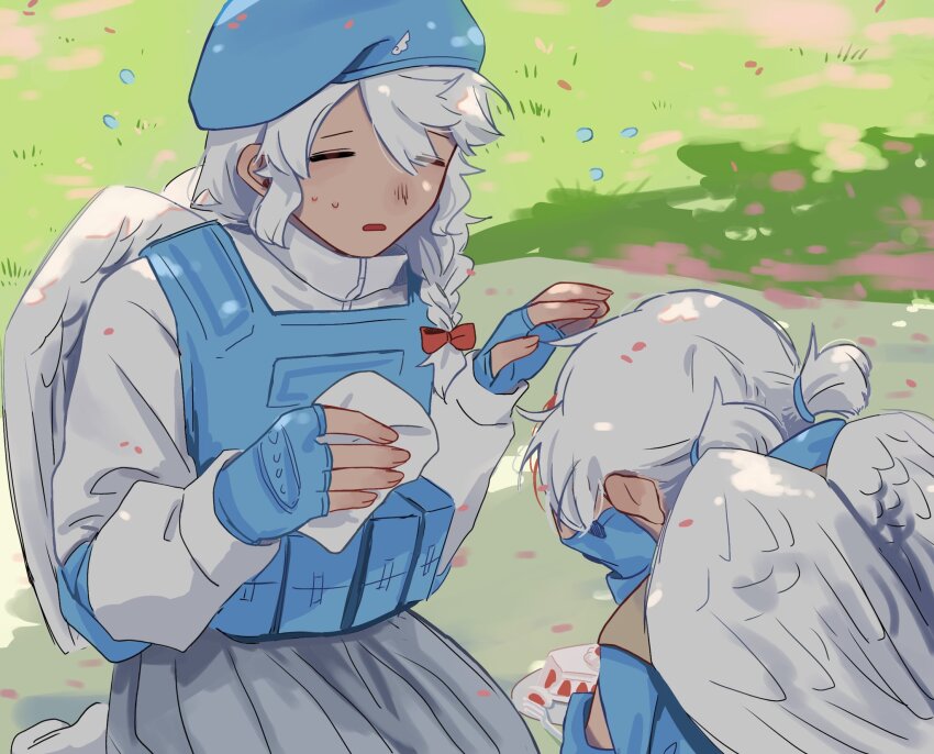 2girls angel_wings beret blue_gloves blue_hat braid closed_eyes crying face_in_hands fingerless_gloves gloves handkerchief hat highres holding holding_handkerchief kanna_(love-bullet) kneeling koharu_(love-bullet) load_bearing_vest long_sleeves love-bullet muagiong multiple_girls open_mouth short_twintails side_braid twintails white_hair white_wings wings