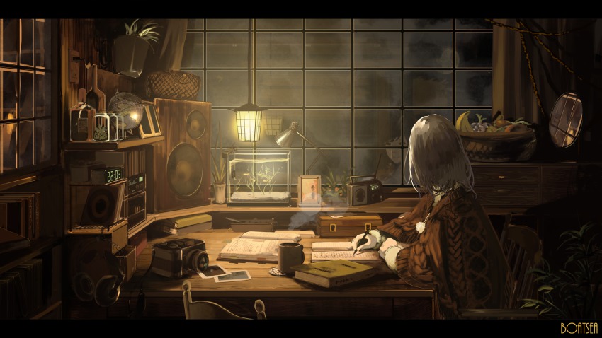 1girl absurdres aran_sweater bad_id bad_pixiv_id banana basket boatsea book bookmark bookshelf box brown_hair cable_knit camera chair clock coffee coffee_mug cup desk_lamp digital_clock drawer electrical_outlet facing_away female_focus fish fish_tank food from_side fruit fruit_bowl funeumi globe headphones headphones_removed highres indoors jar lamp letterboxed light long_sleeves looking_outside mirror mug notebook open_book original pen photo_(object) plant pom_pom_(clothes) potted_plant radio record reflection shelf sitting slice_of_life solo speaker steam sweater table window writing