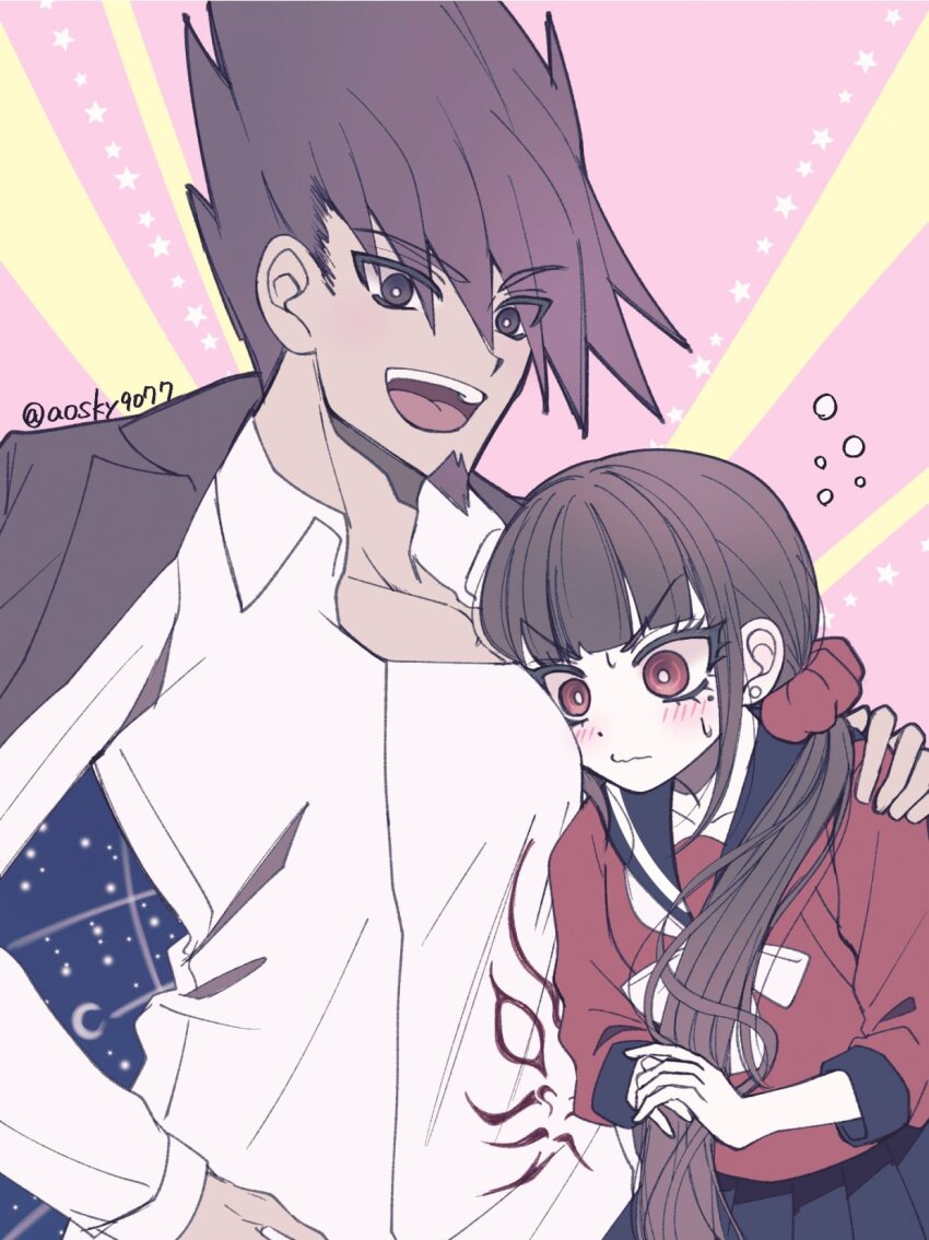 1girl between_pecs between_pectorals black_sailor_collar blunt_bangs blush bow brown_hair collarbone danganronpa_(series) danganronpa_v3:_killing_harmony facial_hair goatee hair_between_eyes hair_ornament hair_scrunchie harukawa_maki head_between_pecs highres jacket jewelry long_hair long_sleeves low_twintails mole mole_under_eye momota_kaito open_mouth pectorals pleated_skirt red_eyes red_scrunchie red_shirt sailor_collar satori_(aosky9077) scrunchie shirt short_hair skirt smile spiked_hair teeth twintails white_shirt