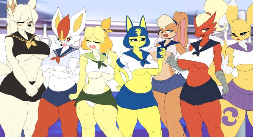 2022 animal_crossing ankha_(animal_crossing) bandai_namco black_eyes black_sclera black_skirt blaziken blonde_hair blue_eyes blue_skirt bra breasts burgerkiss cinderace closed_eyes colored_sclera crop_top cropped_shirt digimon digimon_(creature) ears eyelashes female_focus flat_color furry furry_female game_freak gen_3_pokemon gen_7_pokemon gen_8_pokemon green_necktie green_skirt isabelle_(animal_crossing) lola_bunny looney_tunes lycanroc lycanroc_(midnight) microskirt miniskirt narrowed_eyes navel necktie nintendo open_clothes open_mouth original panties pokemon pokemon_(creature) purple_skirt red_eyes red_fur red_necktie renamon school_uniform shirt skirt space_jam standing sweat sweatdrop tail thick_thighs thighs third-party_edit tongue train train_interior underboob underwear undressing video_game warner_bros white_panties wide_hips yellow_fur yellow_necktie