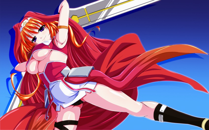 10s 1girl blush breasts cameltoe chantez_apinion female_focus highres large_breasts long_hair looking_at_viewer lyrical_nanoha mahou_shoujo_lyrical_nanoha mahou_shoujo_lyrical_nanoha_vivid orange_hair panties phantasma_(nanoha) purple_eyes red_hair smile solo sword tappa_(esperanza) underboob underwear weapon