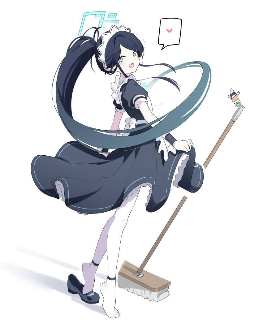 1girl apron aris_(blue_archive) aris_(maid)_(blue_archive) armband black_armband black_hair black_shoes black_skirt blue_archive blue_hair blue_halo blue_ribbon bow cleaning_brush clothes_lift collared_shirt commentary dress frilled_dress frills gradient_hair halo heart highres kei_(robot)_(blue_archive) long_hair maid maid_apron maid_headdress mangpum_(taro109210) mary_janes mop multicolored_hair official_alternate_costume official_alternate_hairstyle open_mouth pantyhose parted_bangs ponytail puffy_short_sleeves puffy_sleeves ribbon ringed_eyes robot shirt shoes short_sleeves simple_background single_shoe skirt skirt_hold skirt_lift smile solo speech_bubble spoken_heart teeth tiptoes upper_teeth_only very_long_hair white_background white_bow white_pantyhose