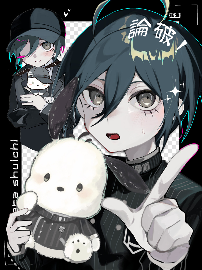 1boy ahoge bishounen black_hair black_jacket blush brown_eyes buttons collared_jacket commentary_request danganronpa_(series) danganronpa_v3:_killing_harmony double-breasted eyelashes hair_between_eyes highres holding jacket long_sleeves looking_at_viewer male_focus monochrome muted_color onegai_my_melody open_mouth pale_skin pinstripe_jacket pinstripe_pattern pochacco pointing ronpa_(wqm8x) saihara_shuichi sanrio shirt short_hair smile striped_clothes striped_jacket sweatdrop vertical-striped_sleeves