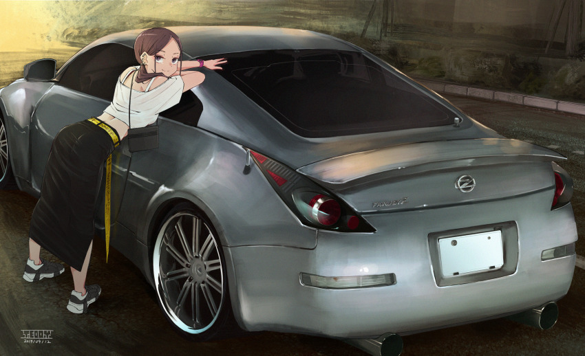 1girl absurdres bag belt black_eyes black_shoes brown_hair car closed_mouth dated earrings full_body handbag highres huge_filesize jewelry leaning_on_object long_hair long_skirt looking_at_viewer midriff motor_vehicle nissan_350z nissan_fairlady nissan_fairlady_z off-shoulder_shirt off_shoulder original outdoors pavement ponytail shirt shoes signature skirt smile sneakers solo teddy_(takarada) vehicle_focus watch white_shirt wristwatch