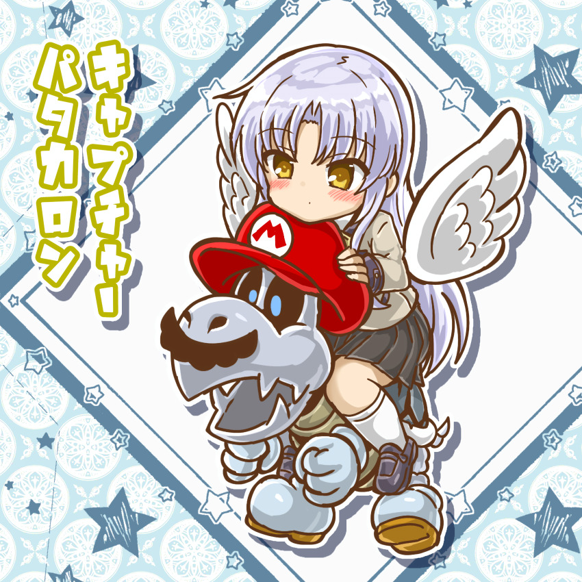 1girl absurdres angel_beats! blazer blush chibi crossover deformed dry_bones facial_hair grey_hair hat highres jacket long_hair marihei64ds mario mario_(series) mustache nintendo school_uniform serafuku shirt skirt super_mario_odyssey tachibana_kanade white_hair wings yellow_eyes