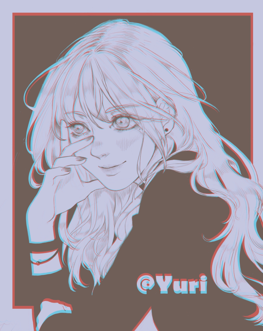1girl artist_name black_background blush border bracelet chinese_commentary chromatic_aberration closed_mouth commentary_request earrings eyelashes grey_border greyscale hand_on_own_cheek hand_on_own_elbow hand_on_own_face happy highres jewelry light_blush long_hair long_sleeves looking_ahead mole mole_under_eye monochrome nail_polish nose_blush original outside_border parted_lips shirt smile solo stud_earrings turtleneck turtleneck_shirt upper_body youlizi-yuri
