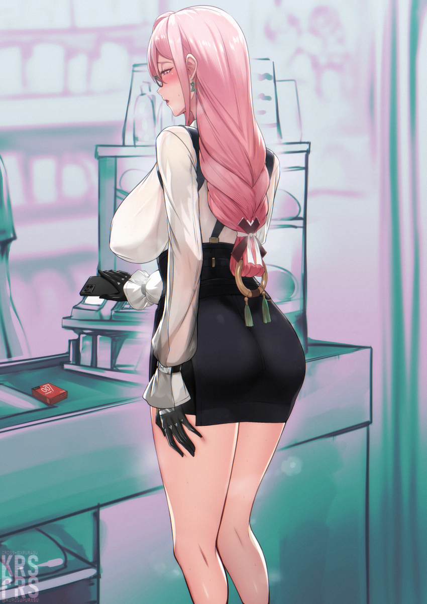 1girl ass black_gloves black_skirt blush breasts buying_condoms cellphone commentary condom_box convenience_store covered_erect_nipples dress_shirt earrings english_commentary from_behind gloves hair_between_eyes high-waist_skirt highres hourglass_earrings jewelry kairos+ kneepits large_breasts long_hair long_sleeves parted_lips pencil_skirt phone pink_eyes pink_hair shirt shop side_slit skirt smartphone solo suspender_skirt suspenders sweatdrop tsukishiro_yanagi white_shirt zenless_zone_zero