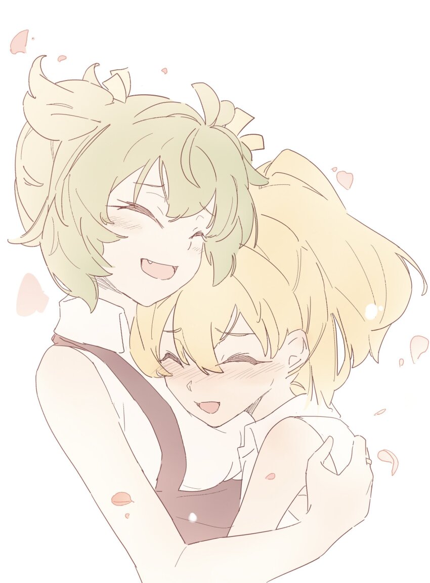 2girls :d ^_^ absurdres andou_tazusa assault_lily bare_arms bare_shoulders black_skirt blonde_hair blush breasts closed_eyes collared_shirt commentary cropped_torso falling_petals fang green_hair hair_between_eyes hair_ribbon head_on_chest heads_together high-waist_skirt highres hug jewelry kuro_ula medium_breasts multiple_girls nose_blush open_mouth petals ponytail ribbon ring school_uniform shirt short_hair simple_background skirt sleeveless sleeveless_shirt smile suspender_skirt suspenders two_side_up upper_body white_background yellow_ribbon yoshimura_thi_mai yuri yurigaoka_girls_academy_school_uniform