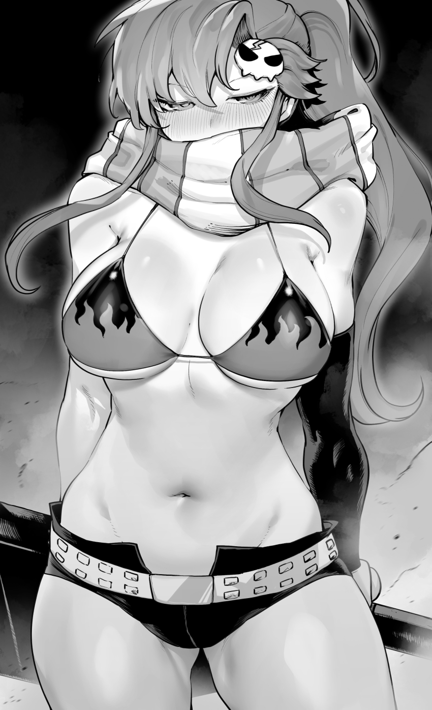 1girl absurdres arms_behind_back belt bikini bikini_top_only blush breasts covered_mouth cowboy_shot denim denim_shorts flame_print greyscale groin hair_between_eyes hair_ornament half-closed_eyes highres large_breasts long_hair looking_at_viewer micro_shorts monochrome navel niwarhythm ponytail print_bikini scarf shorts skull_hair_ornament solo standing stomach striped_clothes striped_scarf studded_belt swimsuit tengen_toppa_gurren_lagann thick_thighs thighs underboob wide_hips yoko_littner