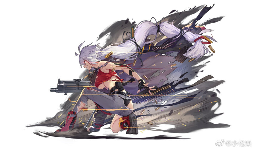1girl antenna_hair asymmetrical_clothes black_gloves black_panties blood breasts bullet chain colored_shoe_soles damaged fingerless_gloves from_side girls&#039;_frontline gloves grin gun holding holding_gun holding_weapon injury large_breasts long_hair machine_gun maxim_gun multi-tied_hair official_art on_one_knee panties pm1910_(girls&#039;_frontline) profile red_eyes shell_casing shoe_soles single_pantsleg smile smoke solo torn_clothes underwear very_long_hair watermark weapon weibo_username weibo_watermark white_background white_hair xiao_qiang_sang