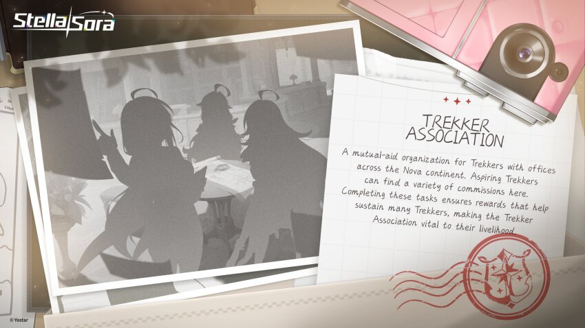 3girls ahoge camera character_request commentary commentary_request copyright_name copyright_notice english_commentary english_text highres indoors ink_stamp long_hair multiple_girls official_art photo_(object) round_table silhouette stella_sora table
