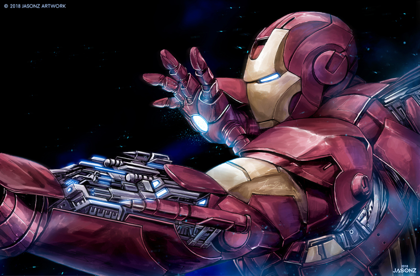 1boy 2018 armor artist_name black_background blue_eyes glowing glowing_eye glowing_hand iron_man male_focus marvel open_hand power_armor science_fiction solo su_jiayi superhero_costume upper_body