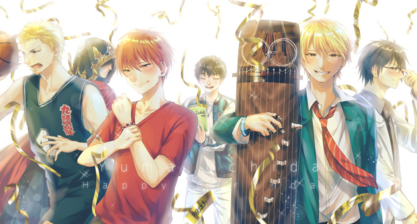 29pad_ky 6+boys absurdres adjusting_eyewear ahiru_no_sora ball basketball basketball_(object) blonde_hair blush book bracelet cape character_name closed_eyes confetti crystal_exarch final_fantasy final_fantasy_xiv fruits_basket g&#039;raha_tia g&#039;raha_tia glasses hanazono_momoharu hand_on_own_arm hand_up happy_birthday highres holding holding_book hood idolmaster idolmaster_side-m instrument jacket jewelry kono_oto_tomare! koto_(instrument) kudou_chika_(kono_oto_tomare!) male_focus material_growth multiple_boys necktie open_mouth orange_hair plectrum red_shirt rikei_ga_koi_ni_ochita_no_de_shoumei_shitemita school_uniform shirt smile sohma_kyou standing uchida_yuuma voice_actor_connection white_background white_shirt wristband yukimura_shinya