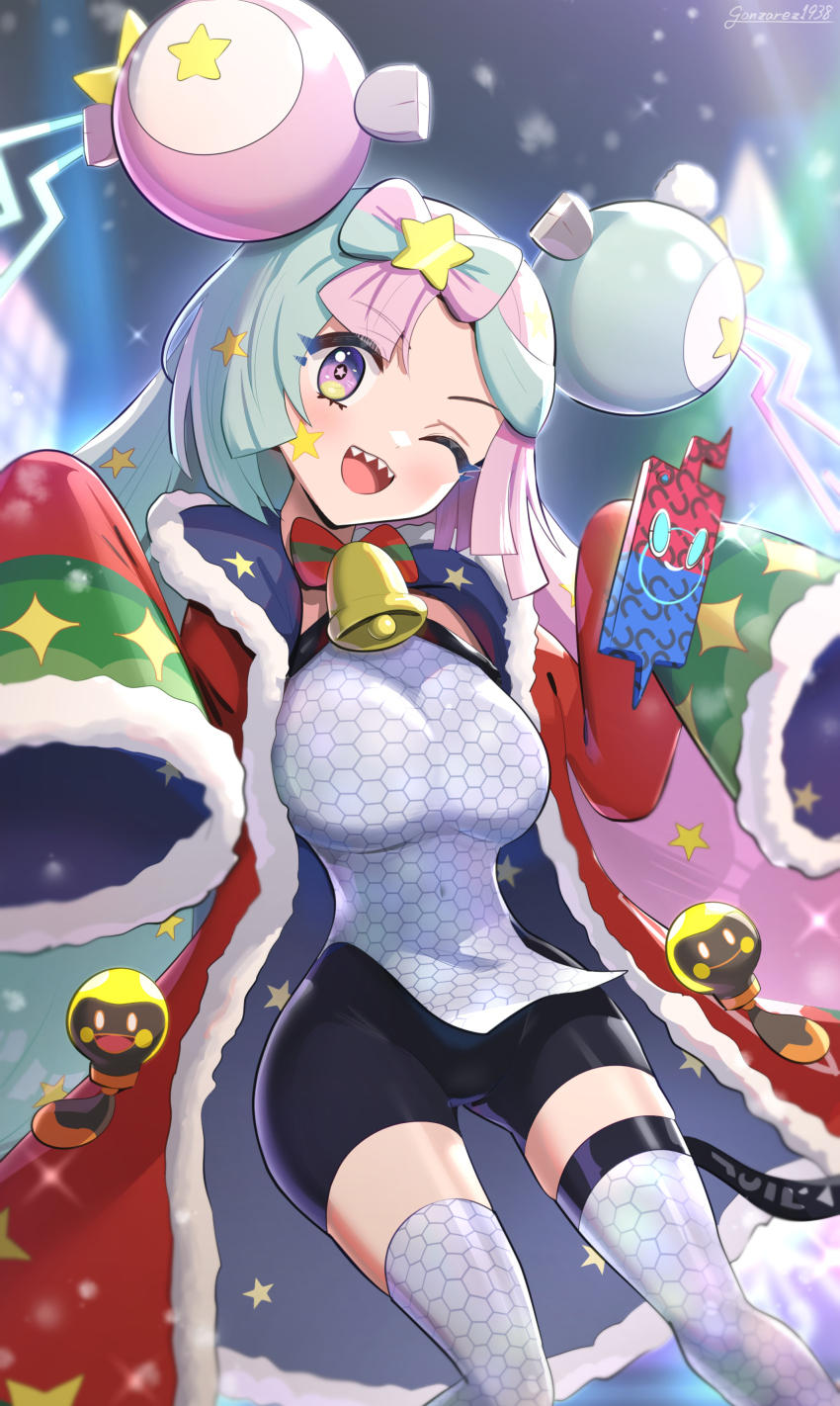 1girl absurdres alternate_costume aqua_hair bell bike_shorts bow-shaped_hair breasts character_hair_ornament christmas coat fur-trimmed_coat fur_trim gen_4_pokemon gluteal_fold gonzarez grey_thighhighs hair_ornament highres iono_(pokemon) large_breasts long_hair long_sleeves low-tied_long_hair multicolored_hair neck_bell nintendo oversized_clothes pink_hair pokemon pokemon_sv red_coat rotom rotom_phone santa_costume sharp_teeth sleeves_past_fingers sleeves_past_wrists split-color_hair star-shaped_pupils star_(symbol) star_hair_ornament symbol-shaped_pupils tadbulb teeth thighhighs two-tone_hair very_long_sleeves wide_hips